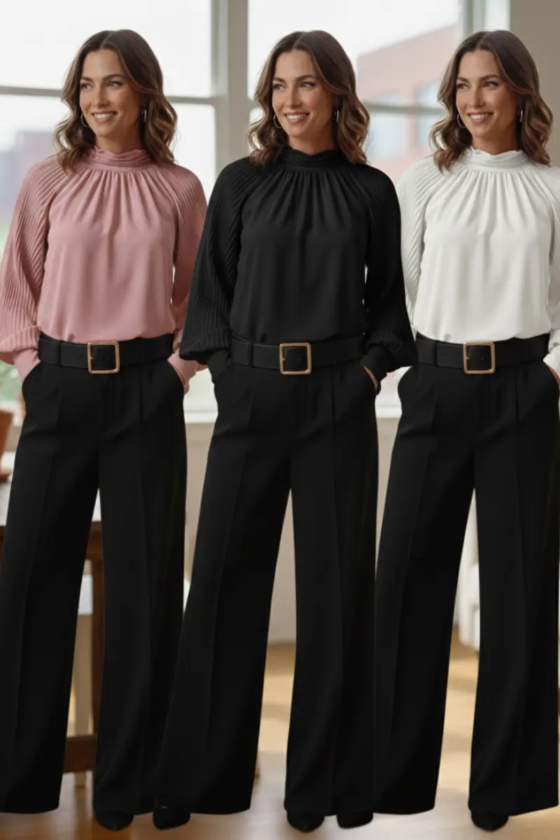 Blusa Elegante Mujer de Cuello Alto y Mangas Plisadas 